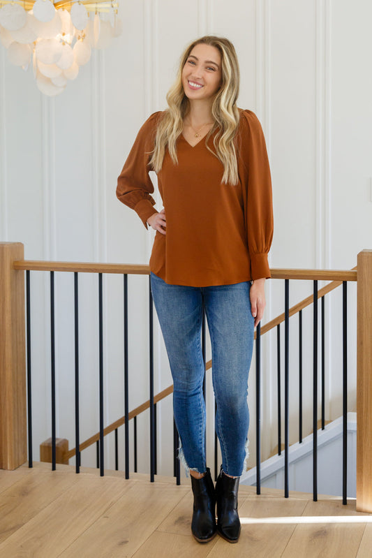 4. Get Ready for Compliments: Rocking the Enjoy This Moment V Neck Blouse In Toffee