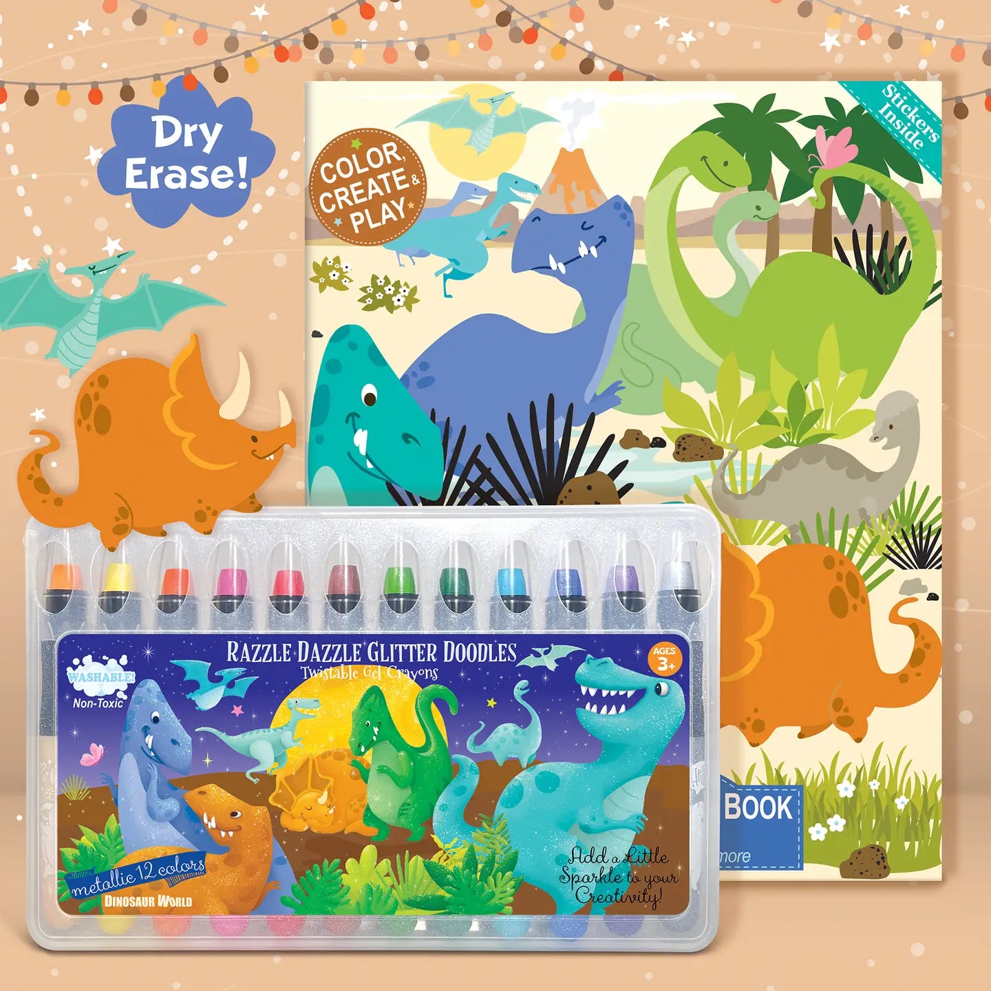 Glitter Dinosaur Dry Erase Coloring Book and Crayon Gift Set