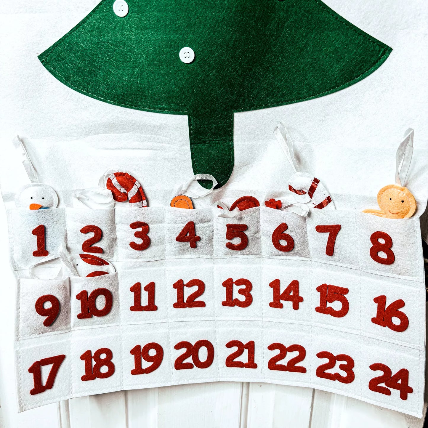 Hanging Christmas Advent Calendar With Pockets & Reusable + Handmade Cotton Plush Ornaments