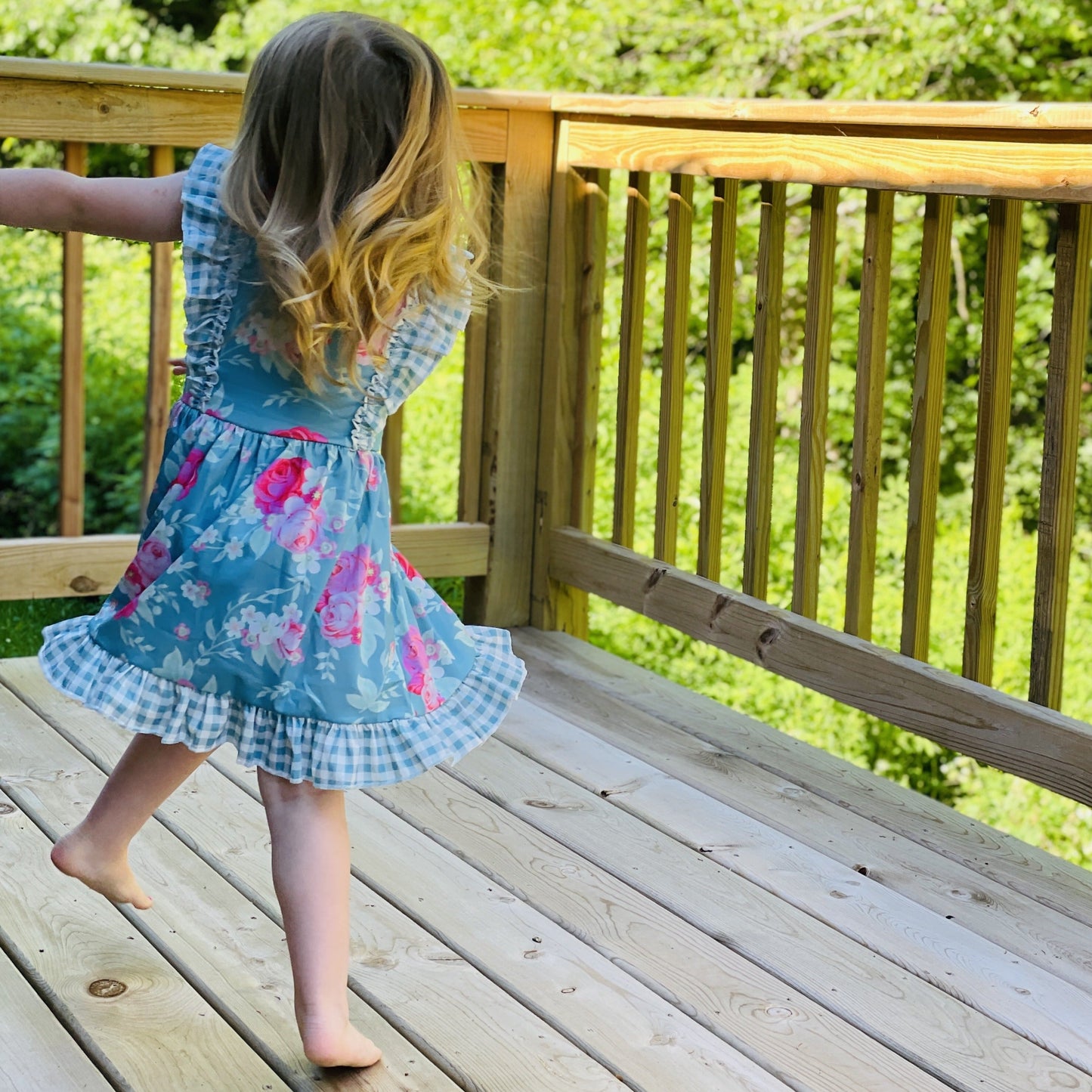 Teal and Pink Floral Print Ruffle Sleeveless Dress