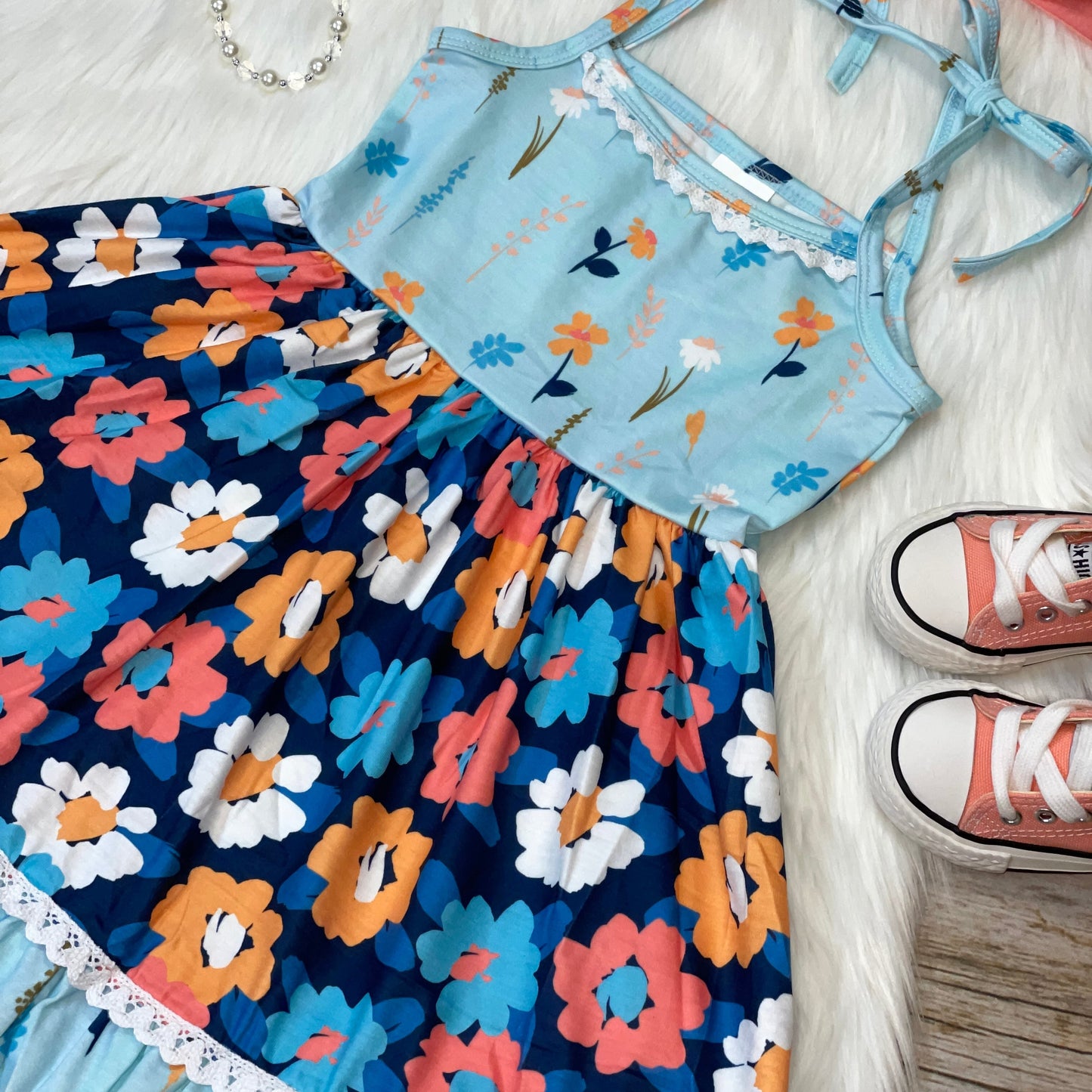 Blue and Coral Lace Trimmed Floral Dress with Shoulder Ties