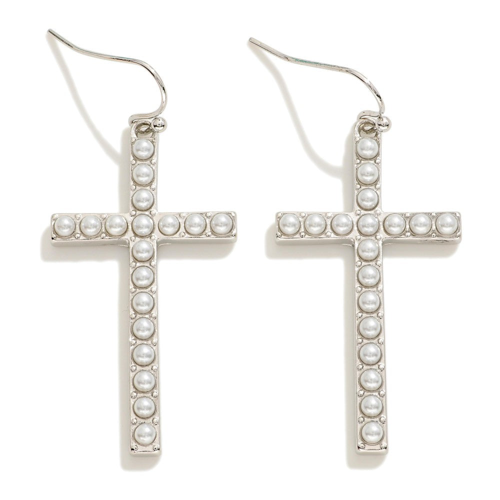 Pearl Studded Cross Drop Earrings - Silver