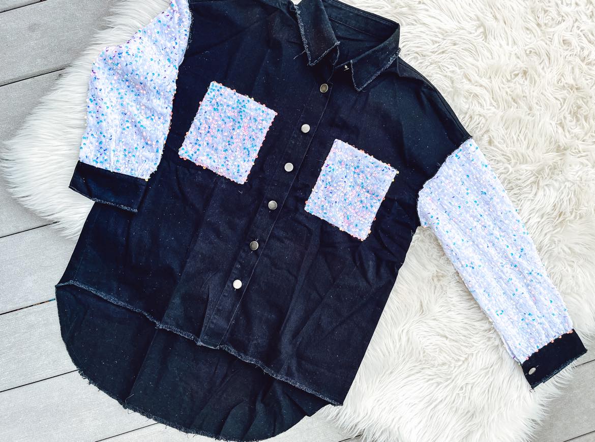 RTS: ARIA denim and Sequin Sleeve Shacket*
