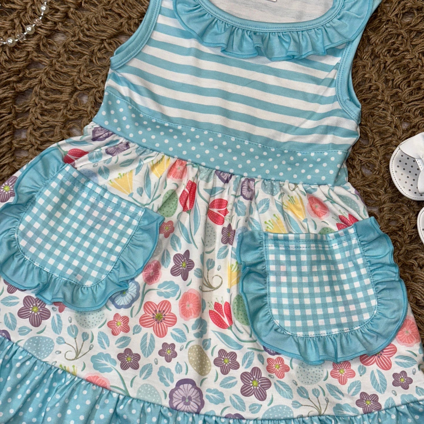 Light Blue Stripe and Floral Ruffle Pocket Dress