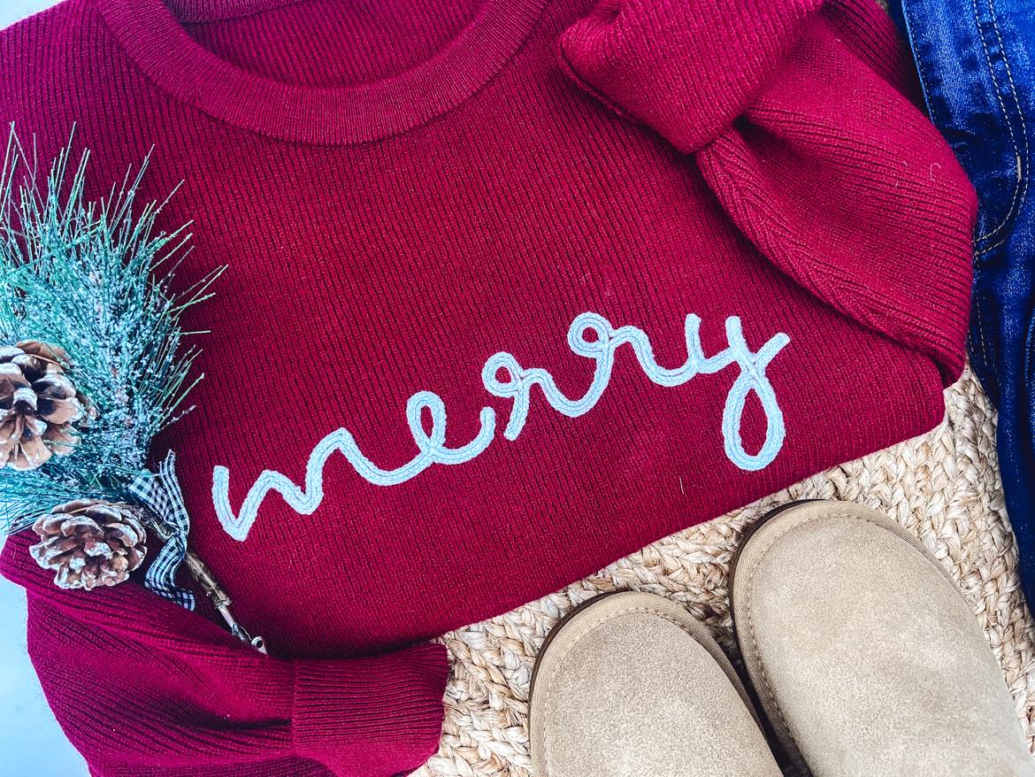 RTS: Rope Embroidered Merry Sweaters (adult and kid)!