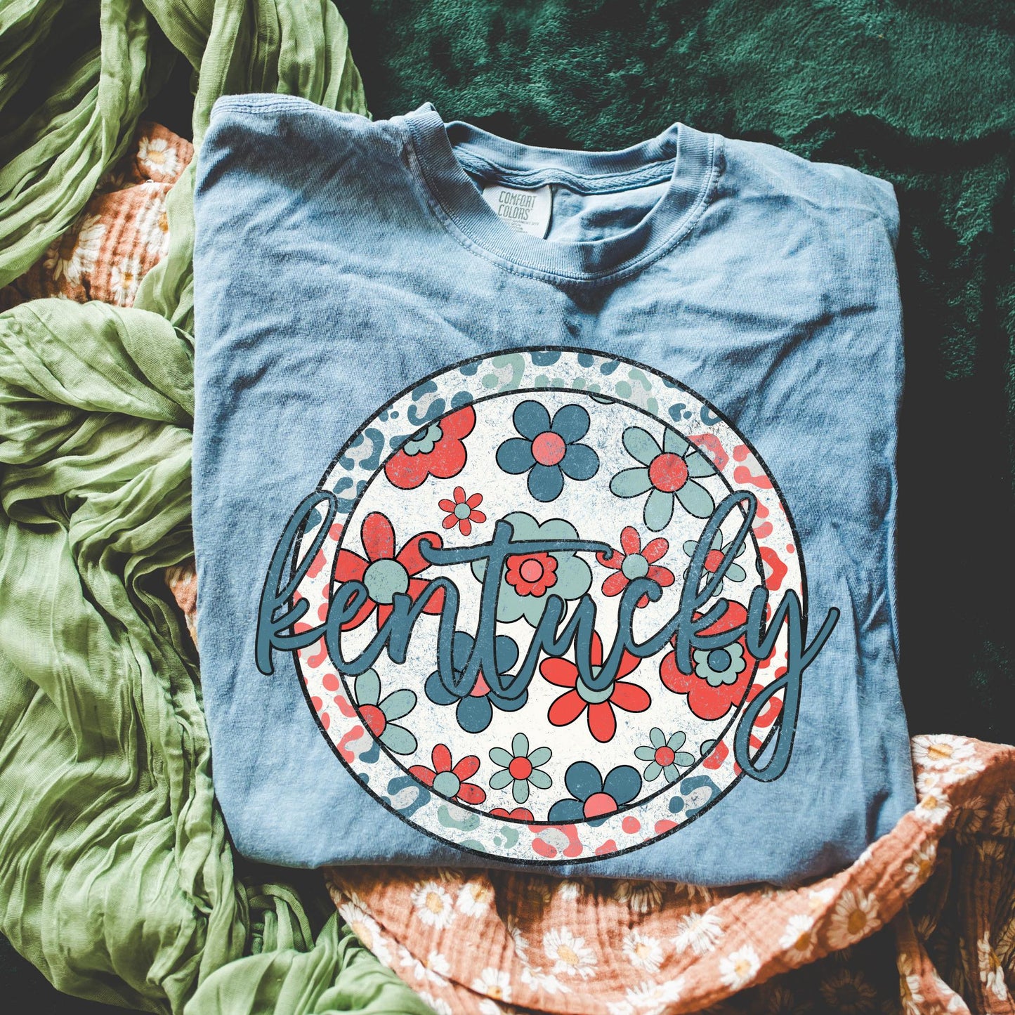 Retro Floral State Tee - Blue Jean