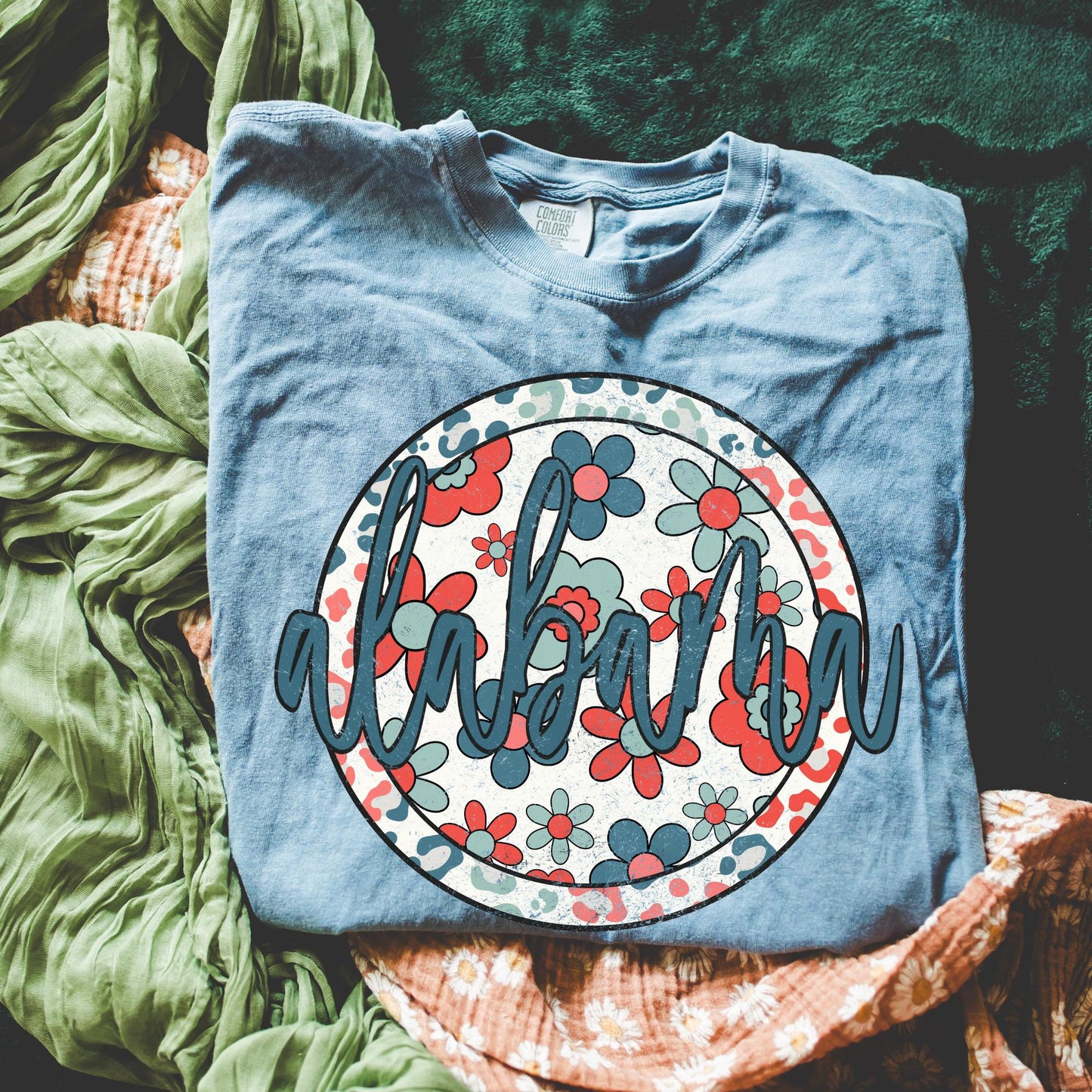 Retro Floral State Tee - Blue Jean