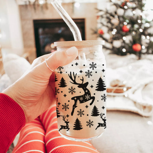 Funny Christmas Gifts, Holiday Glass Coffee Cups with Straws & Wood Lid | Holiday Drinkware