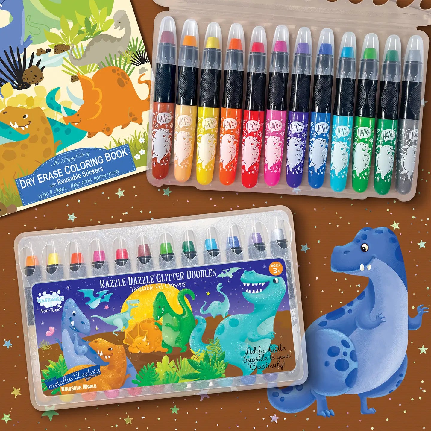 Glitter Dinosaur Dry Erase Coloring Book and Crayon Gift Set