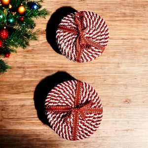 Christmas Coaster Gift Set | Candy Cane Theme Holiday Decor | Braided Rope Cotton Coasters Red White