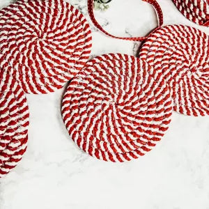 Christmas Coaster Gift Set | Candy Cane Theme Holiday Decor | Braided Rope Cotton Coasters Red White