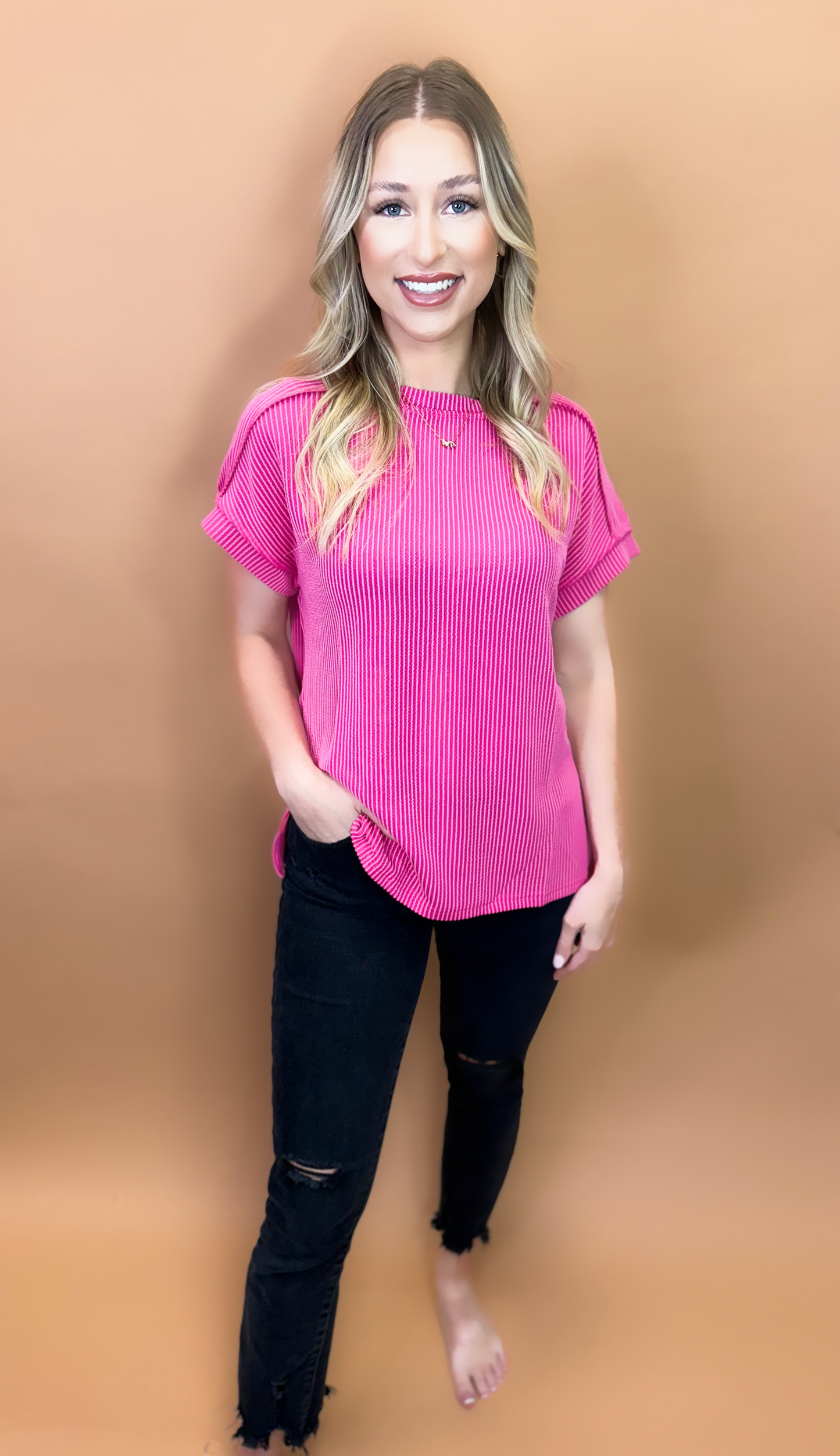 Brea Ribbed Top in Hot Pink