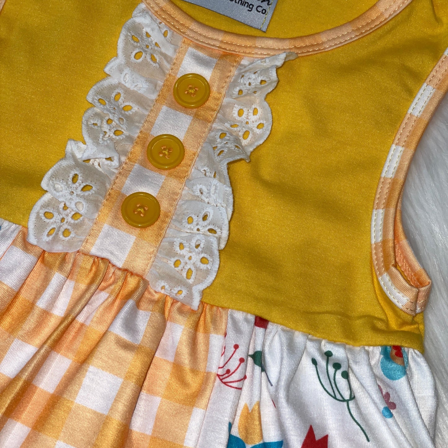 Yellow Pocket Tunic and Short Set with Blue Polka Dot Ruffle