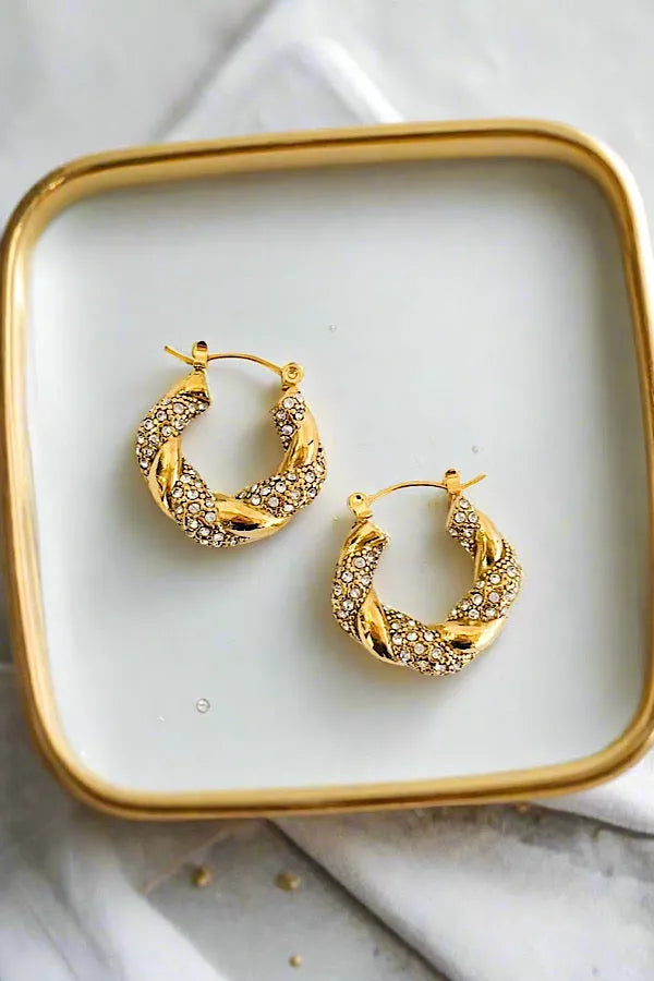 Natural Elements Gold Pave Twisted Hoop Earrings