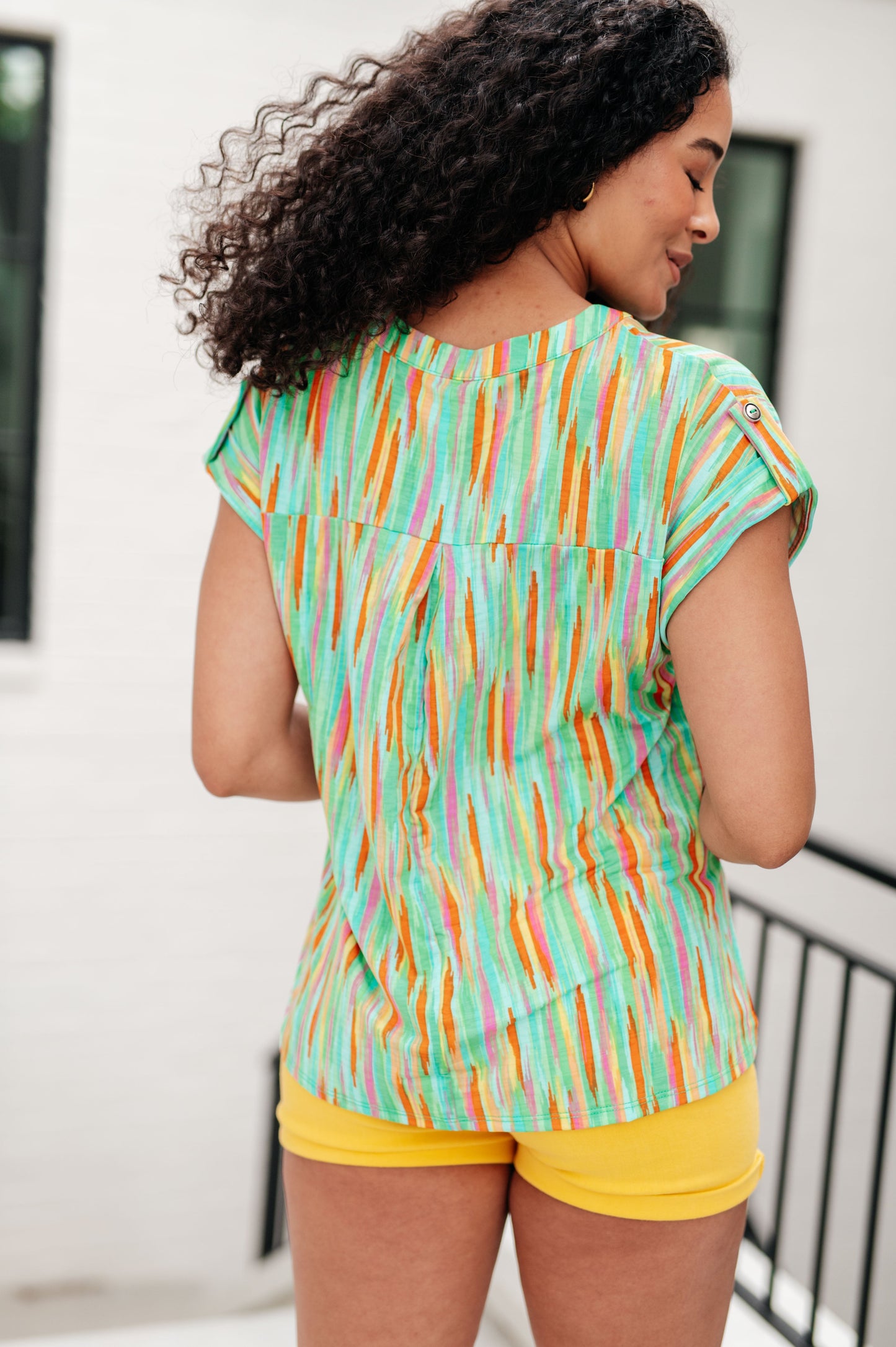 Lizzy Cap Sleeve Top in Lime and Emerald Multi Stripe