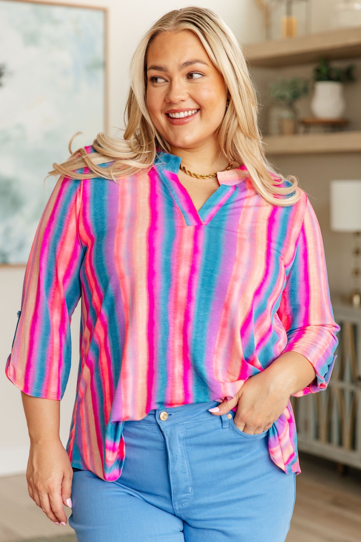 Lizzy Top in Blue and Pink Stripe