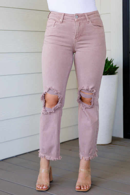 Babs High Rise Distressed Straight Jeans in Mauve - Womens