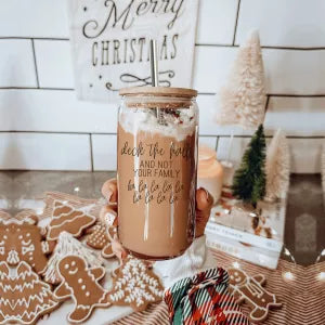 Funny Christmas Gifts, Holiday Glass Coffee Cups with Straws & Wood Lid | Holiday Drinkware