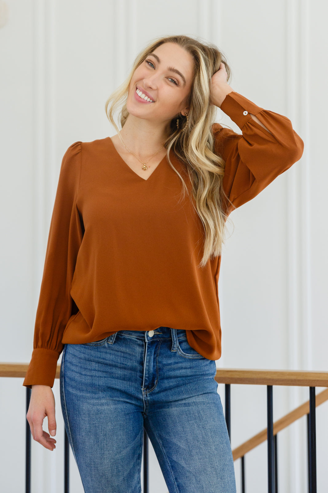 Enjoy This Moment V Neck Blouse In Toffee - Womens