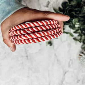 Christmas Coaster Gift Set | Candy Cane Theme Holiday Decor | Braided Rope Cotton Coasters Red White