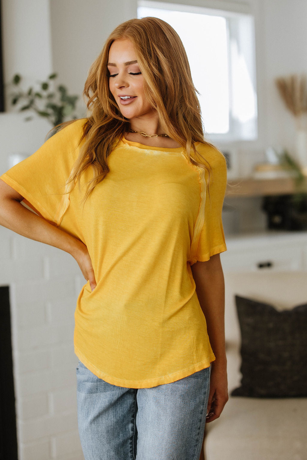 New Edition Mineral Wash T Shirt Yellow - Womens