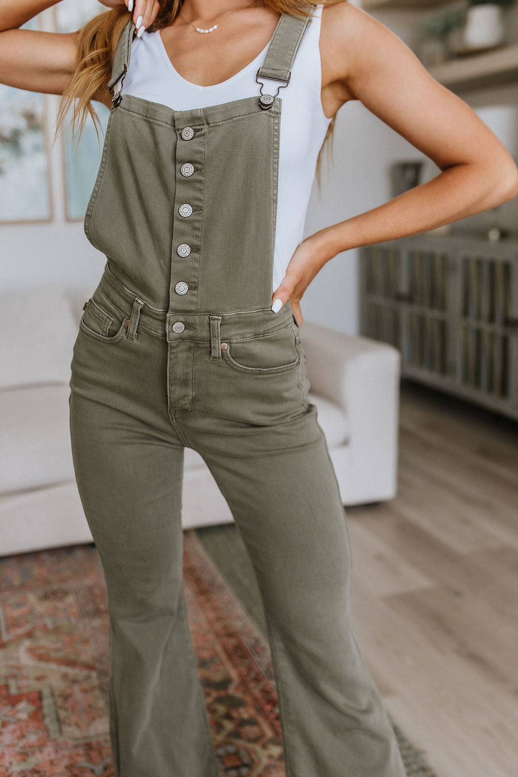 Olivia Control Top Release Hem Overalls in Olive - Womens