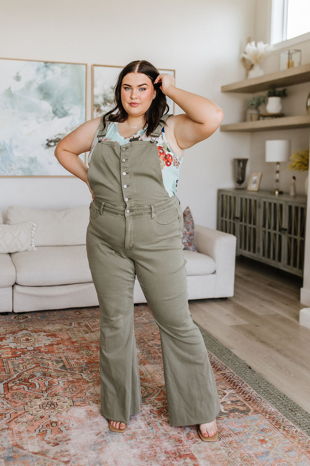 Olivia Control Top Release Hem Overalls in Olive - Womens