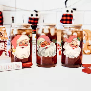 Funny Christmas Gifts, Holiday Glass Coffee Cups with Straws & Wood Lid | Holiday Drinkware