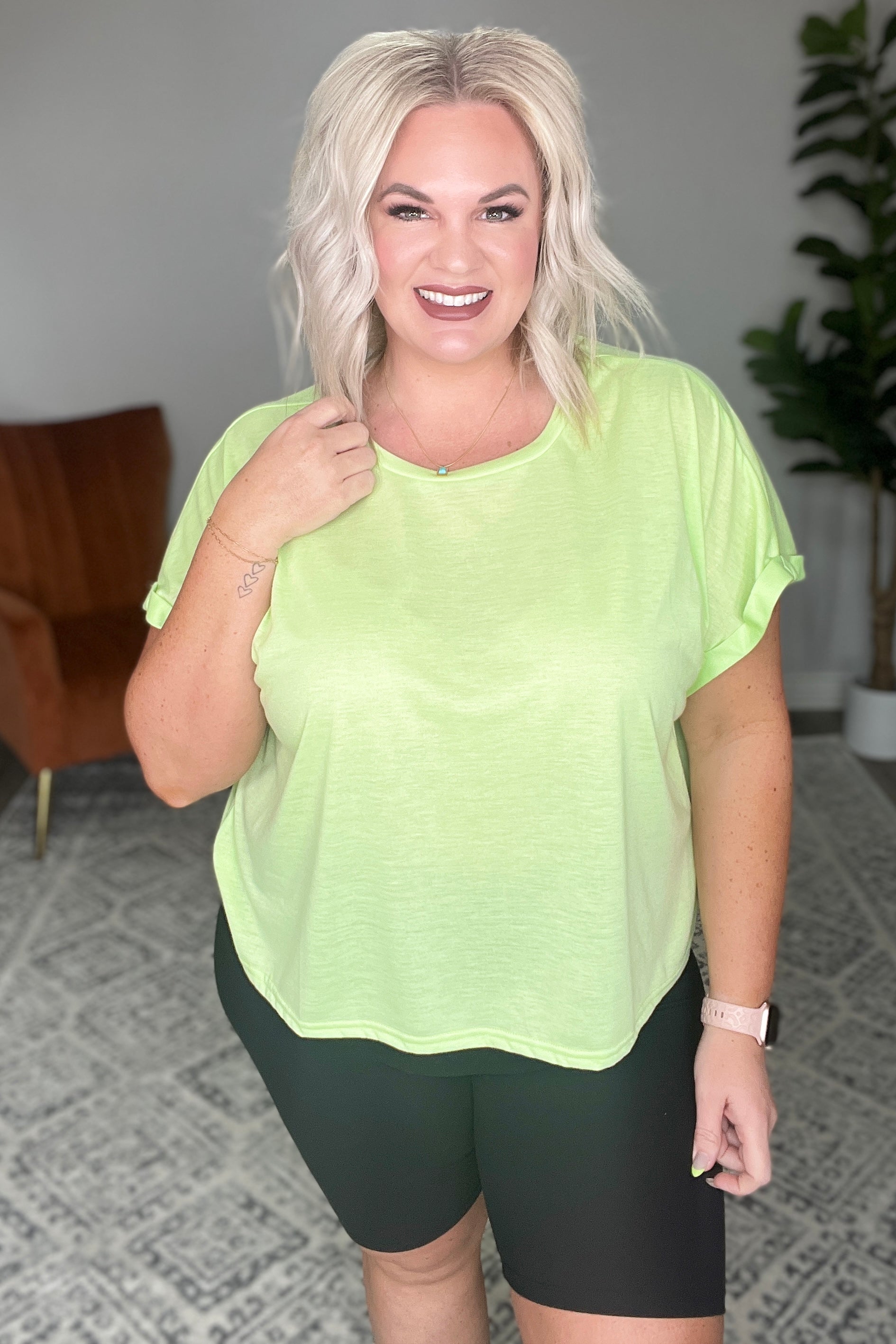 Round Neck Cuffed Sleeve Top in Lime - Womens