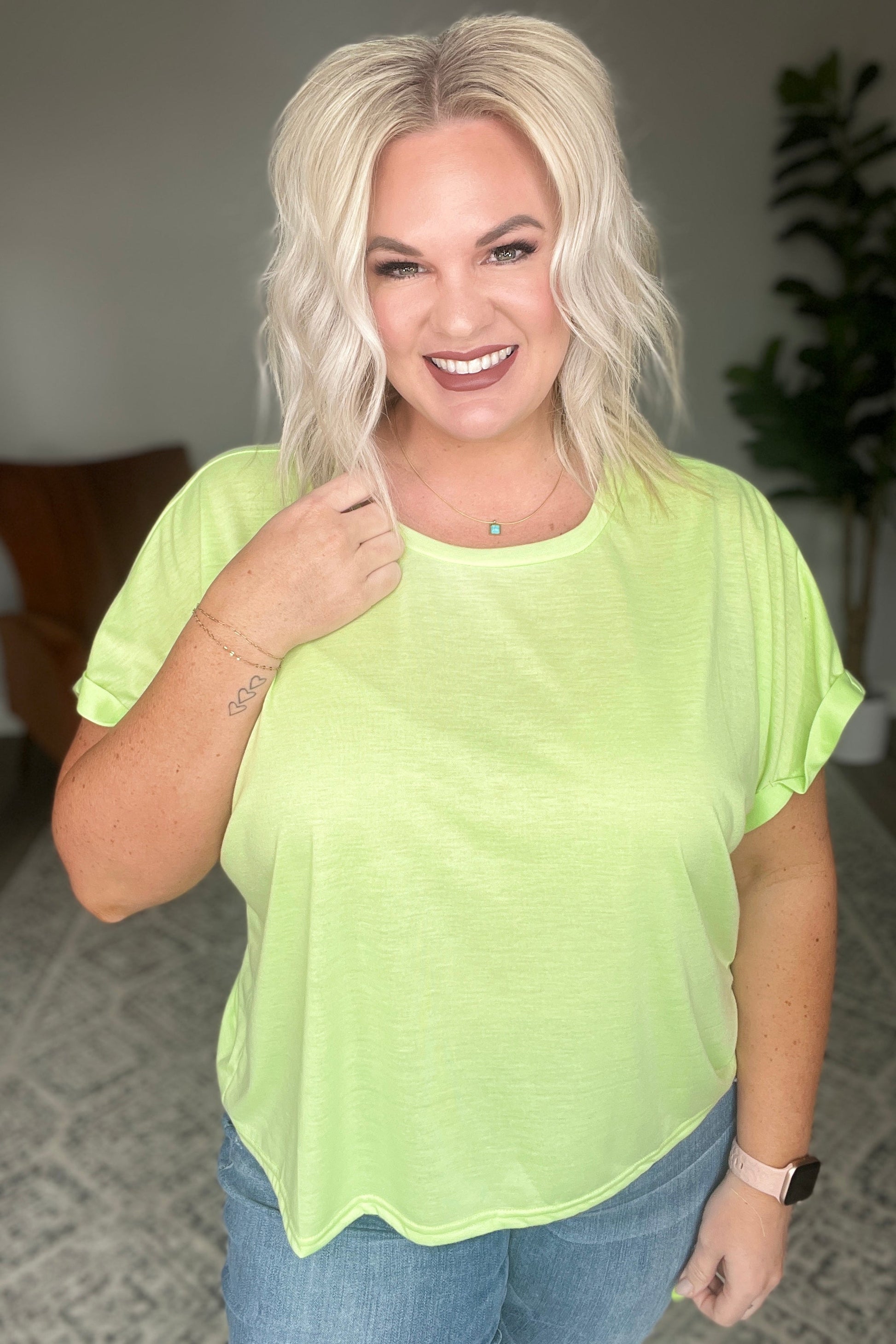 Round Neck Cuffed Sleeve Top in Lime - Womens