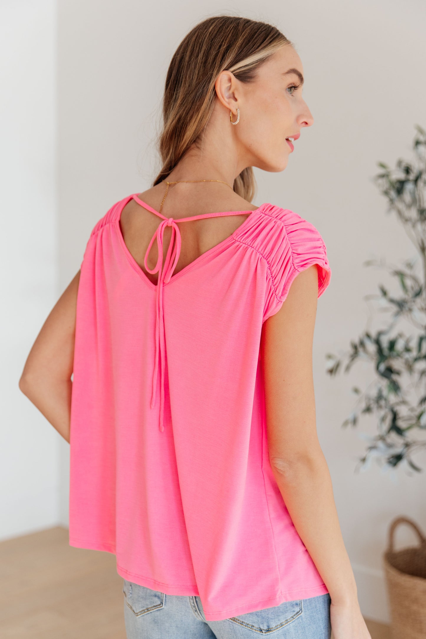 Ruched Cap Sleeve Top in Neon Pink